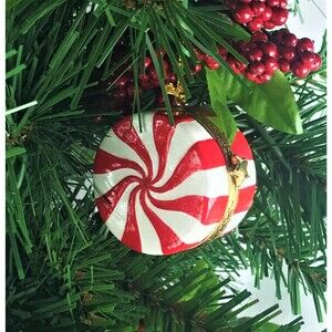 Peppermint Candy Porcelain Hinged Surprise Gift Trinket Box Christmas Ornament
